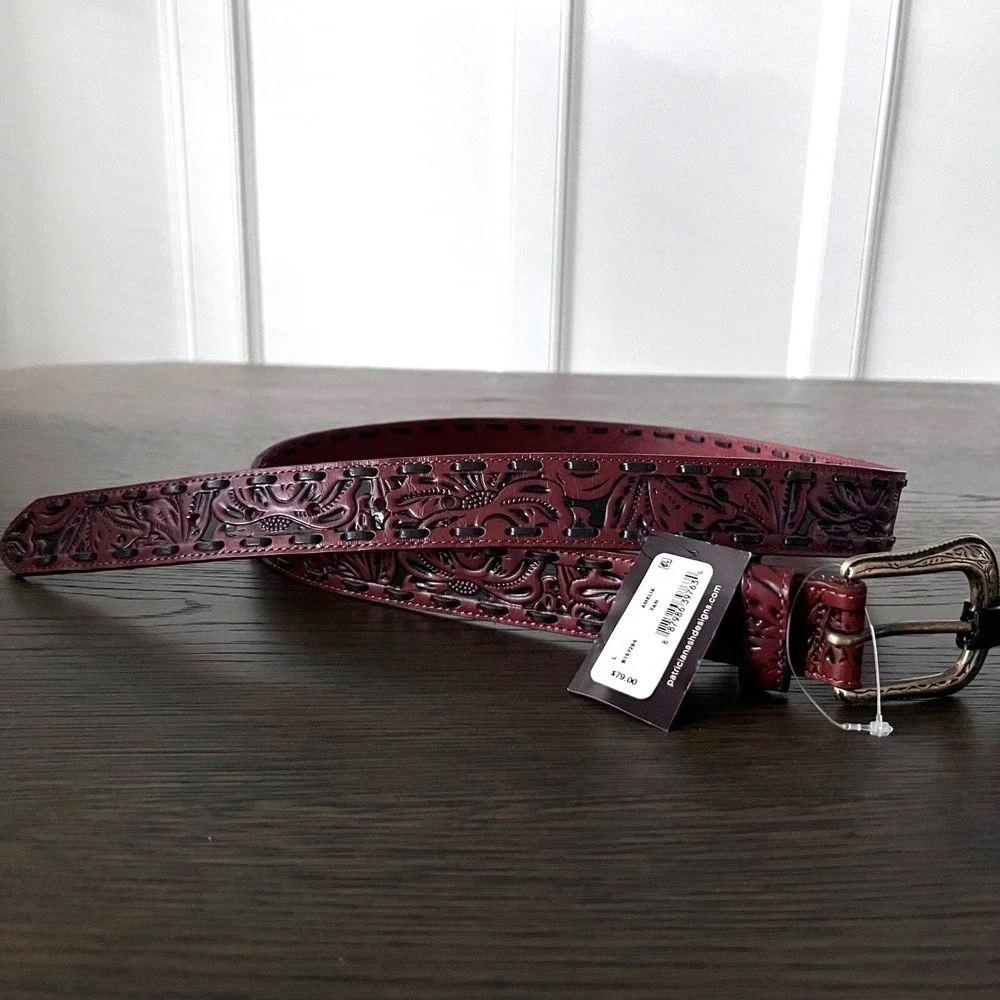 Patricia Nash Amelia Western Tooled Leather Belt Rich‎ Brown Size L NEW MSRP $79